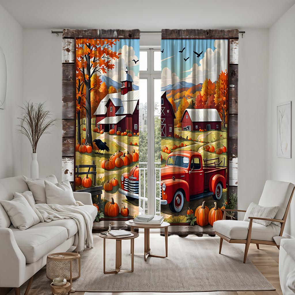 2 шт. HD Harvest Festival Mountain Hut Pumpkin bus декоративная занавеска Желтая завязка цифровая печать занавеска стиль украшения дома