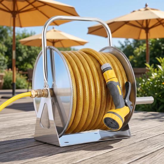 Water Hose Reel Stainless Steel Garden with 6.5ft Leader Pipe, Wall/Floor Mounted Metal Wall Mount Crank Handle, Holds 5/8" x 75ft or 1/2" 130ft