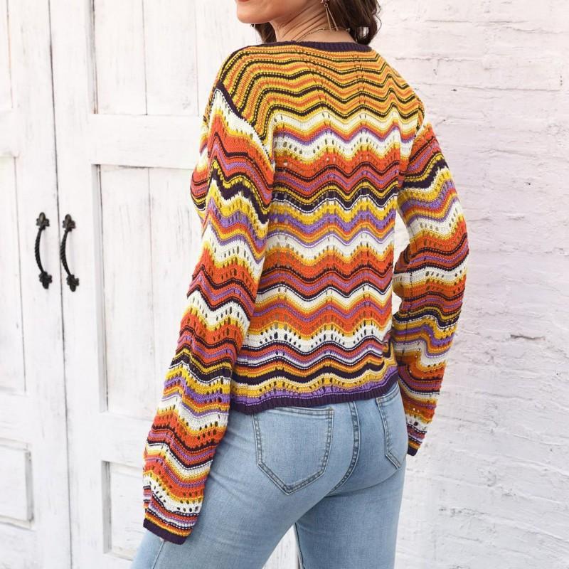 Womens Lightweight Knit Cardigan With Rainbow Wave Stripe V-Neck Long Sleeve Open Front Sweater
