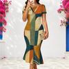 Women Plus Size V Neck Short Sleeve Green Khaki Geometric Printed Fitted Fishtail Dress