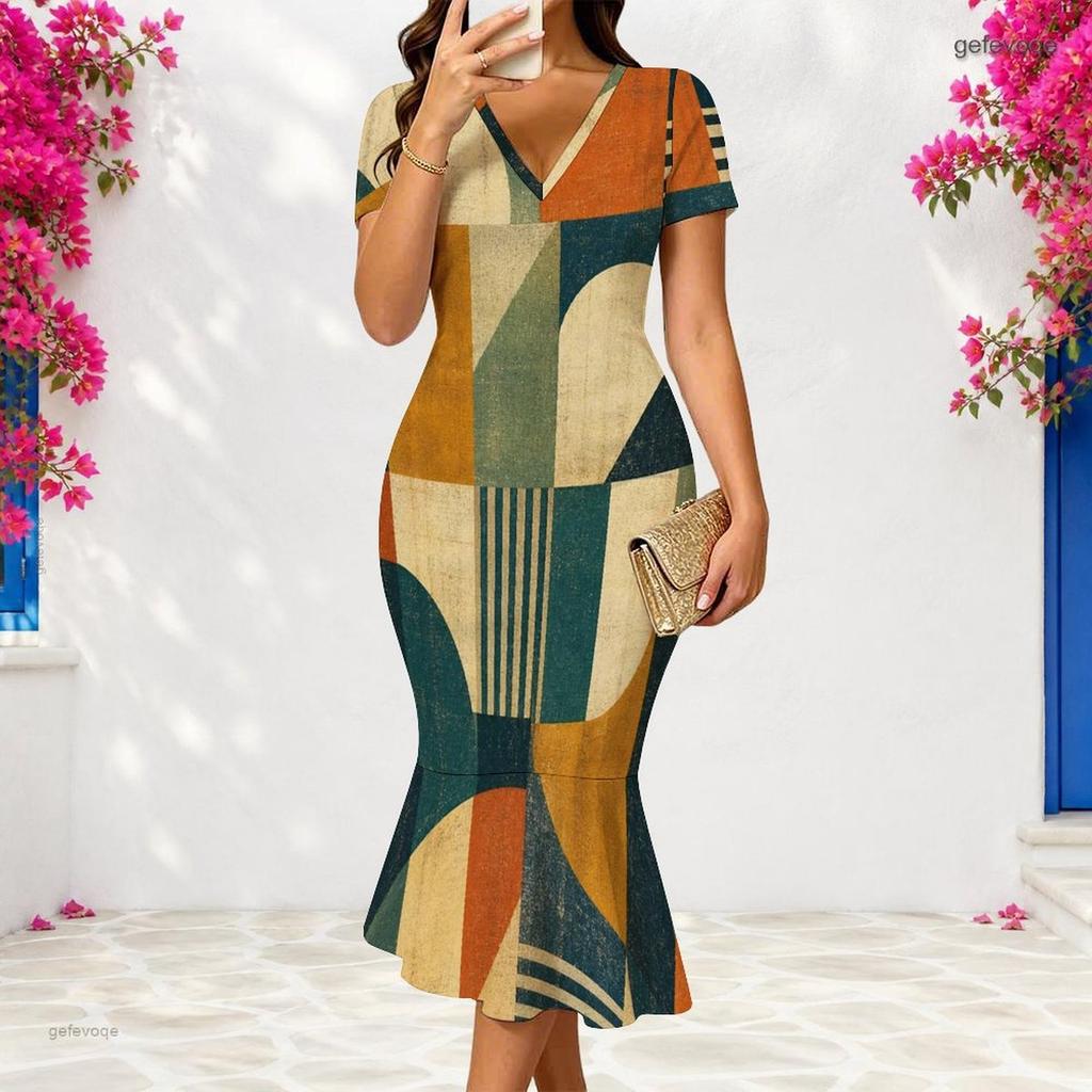 Women Plus Size V Neck Short Sleeve Green Khaki Geometric Printed Fitted Fishtail Dress