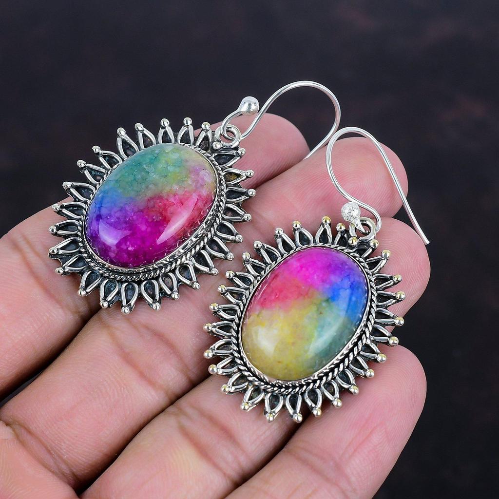 Серьги Rainbow Solar Quartz Druzy, серьги из стерлингового серебра 925 пробы, оригинальные серьги с драгоценными камнями, ювелирные изделия ручной работы, подарки на помолвку, висячие серьги