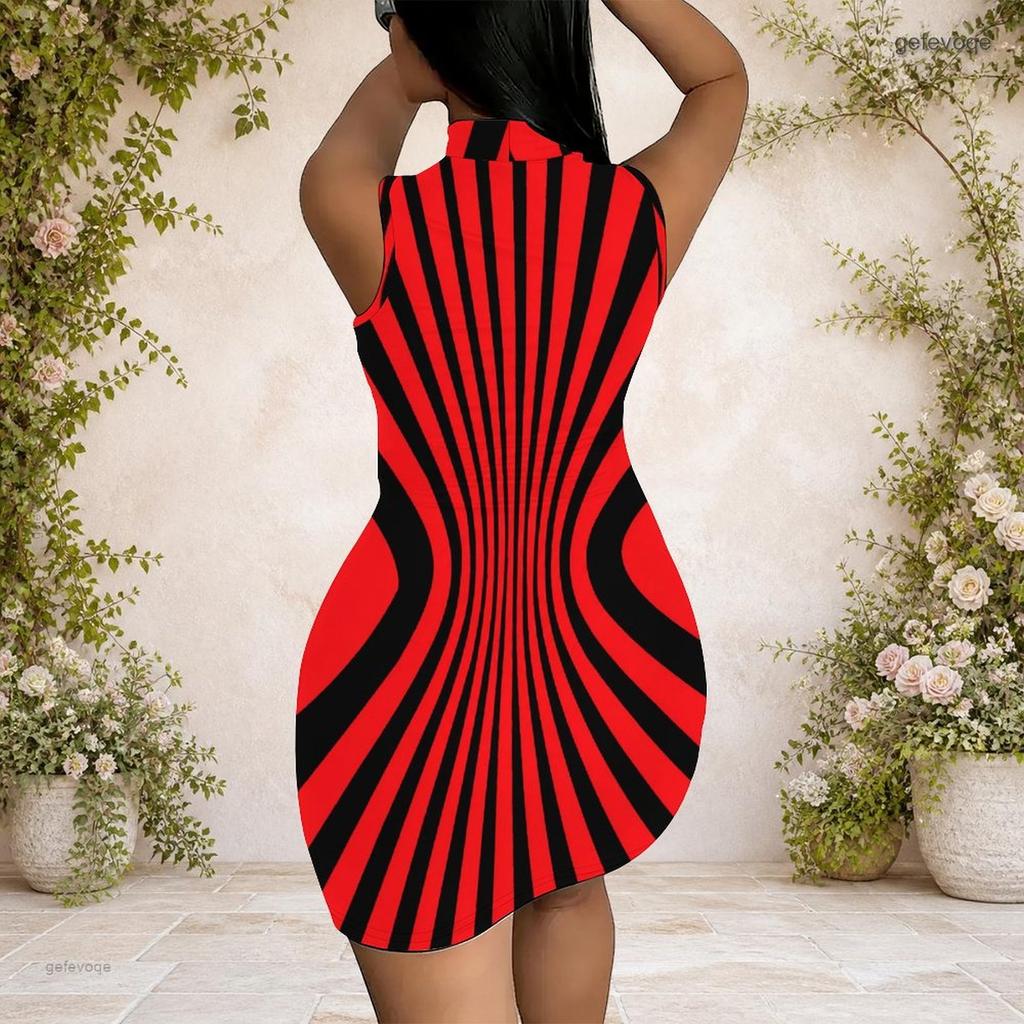 Women Plus Size High Neck Sleeveless Printed Black Blue Gold Bodycon Mini Dress