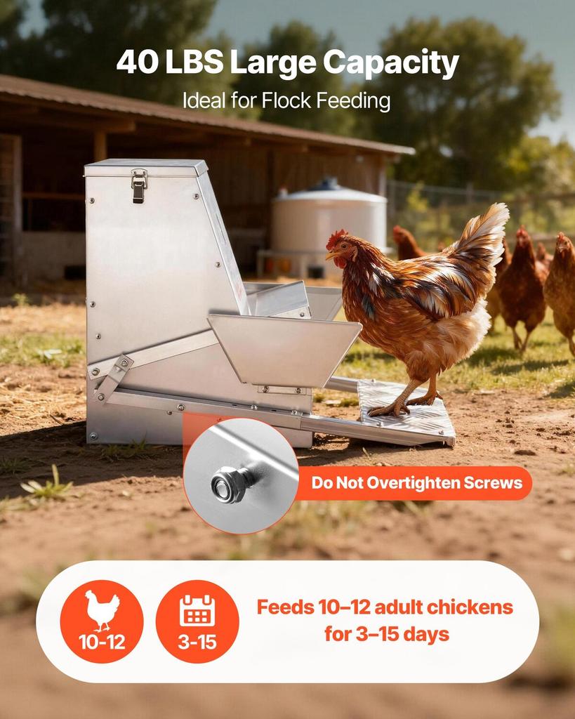 Automatic Chicken Feeder, 18.14 kg Capacity, Rainproof Treadle Poultry Feeder with Lockable Lid, No Waste, Galvanized Steel Construction, Outdoor Use,