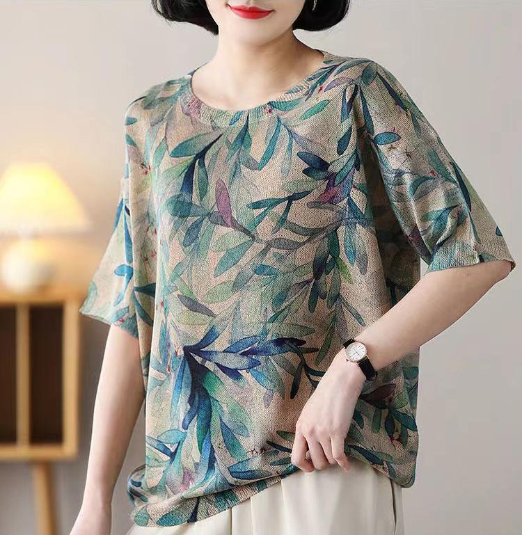 Dimanaf 2024 летние женские футболки, летние стильные рубашки с принтом листьев, красочные элегантные топы с цветочным принтом, свободные повседневные футболки