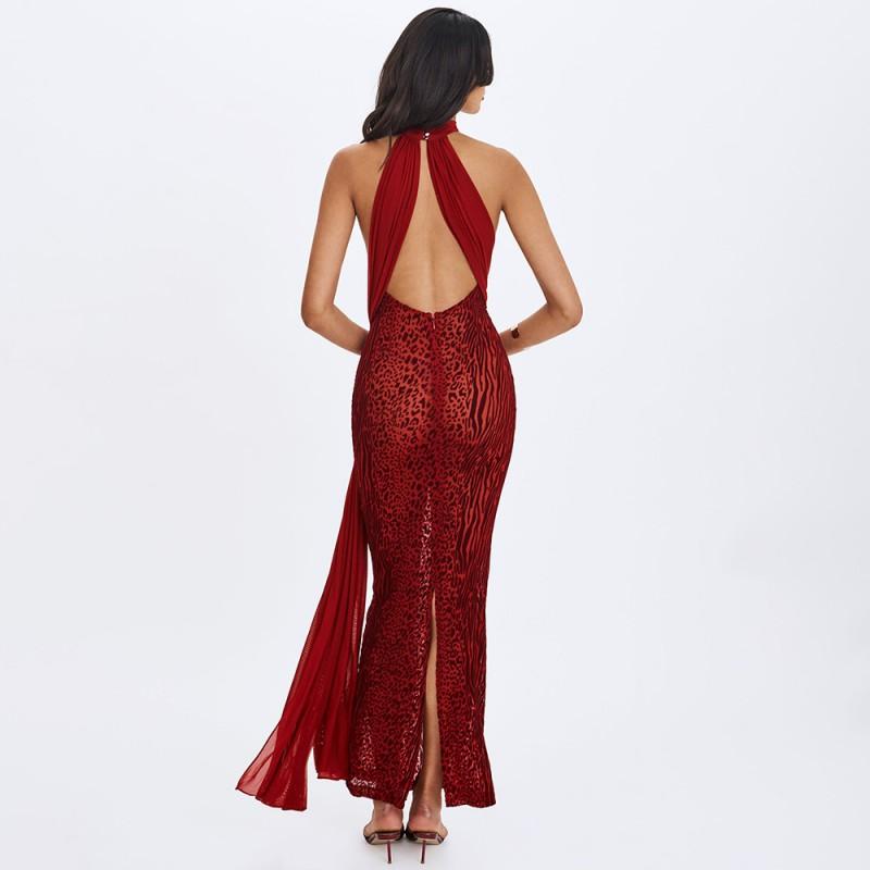 Womens Halter Backless Printed Maxi Dress Sexy Slim Fit Split With Ribbon Streetwear