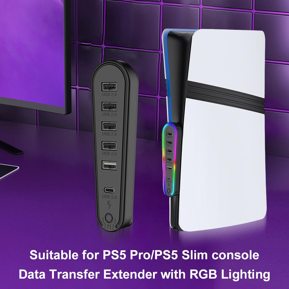6-портовый USB-хаб, зарядное устройство, адаптер-конвертер с RGB-подсветкой, концентратор для расширения, удлинитель для передачи данных для PlayStation 5 Pro/Slim