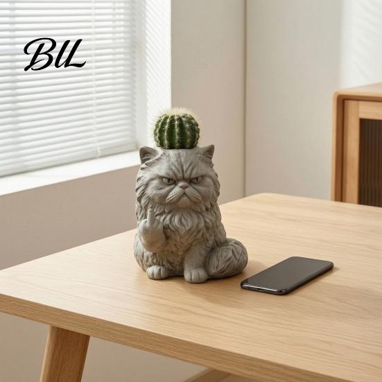 Multifunctional Resin Vase Funny Cat Planter, Middle Finger Kitty Flower Pot, Stone-Finish Garden Statue Frowning Plant Pot for Succulents,