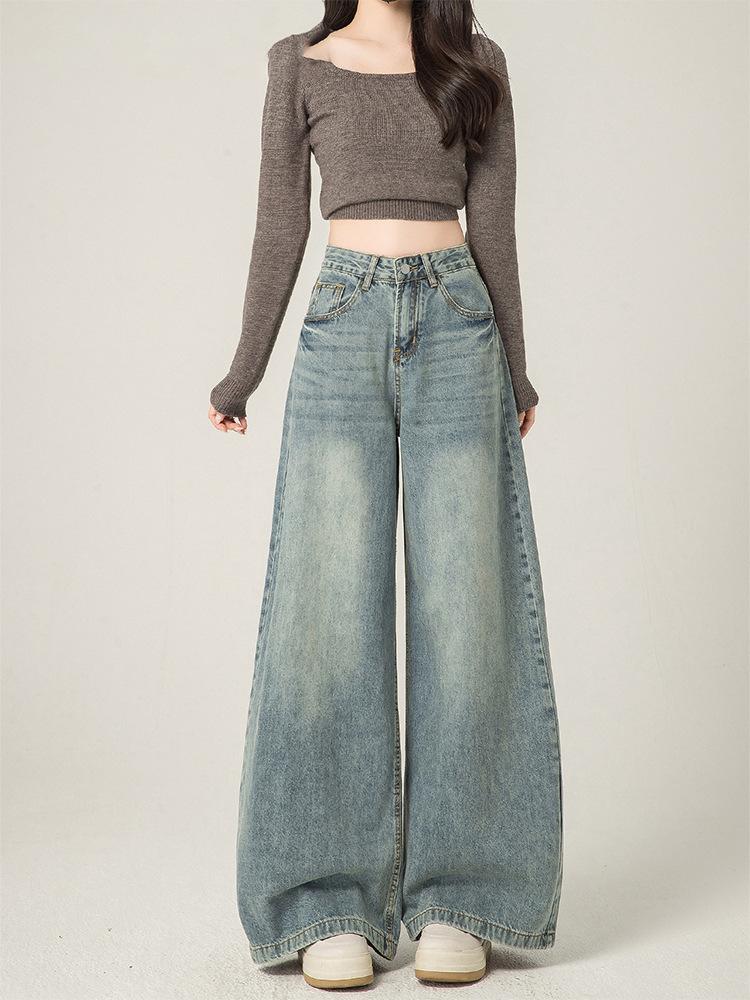 American retro wide-leg jeans women's autumn new high-waisted and thin loose large-size drape trousers