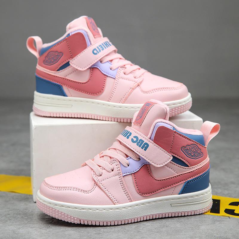 Зимние высокие спортивные кроссовки для девочек 2025, с бархатной подкладкой для тепла, двухслойный хлопок, для детей среднего и старшего возраста.