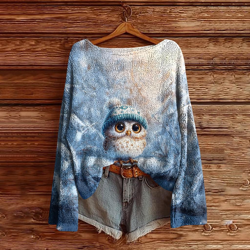 Women's Christmas Print Lightweight Sweater Casual Long Sleeve Knitted Pullover