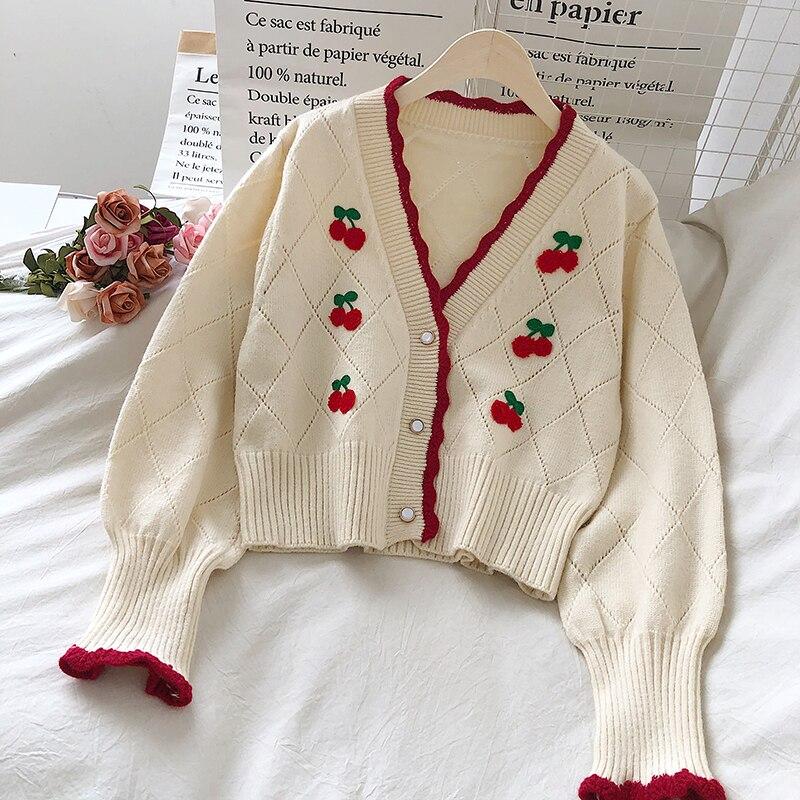 Кардиганы с вышивкой, вязаная одежда, милые короткие рукава-фонарики Mujer Chaqueta, осенние зимние женские свитера с v-образным вырезом вишневого цвета