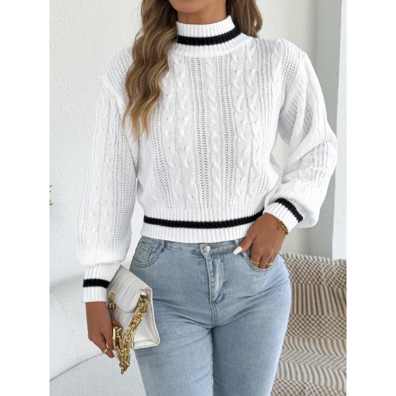 Women S Casual Color Block Half High Neck Waist Tightened Lantern Sleeve Sweater