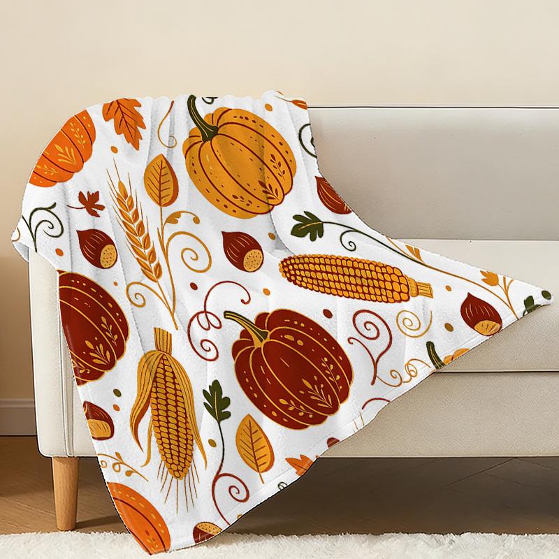 Lightweight Flannel Blanket Autumn Pumpkin Print Soft Fuzzy Throw, Warm Cozy Home Decor Blanket for Couch, Bed, Fall Season, Enhance Cozy Vibe