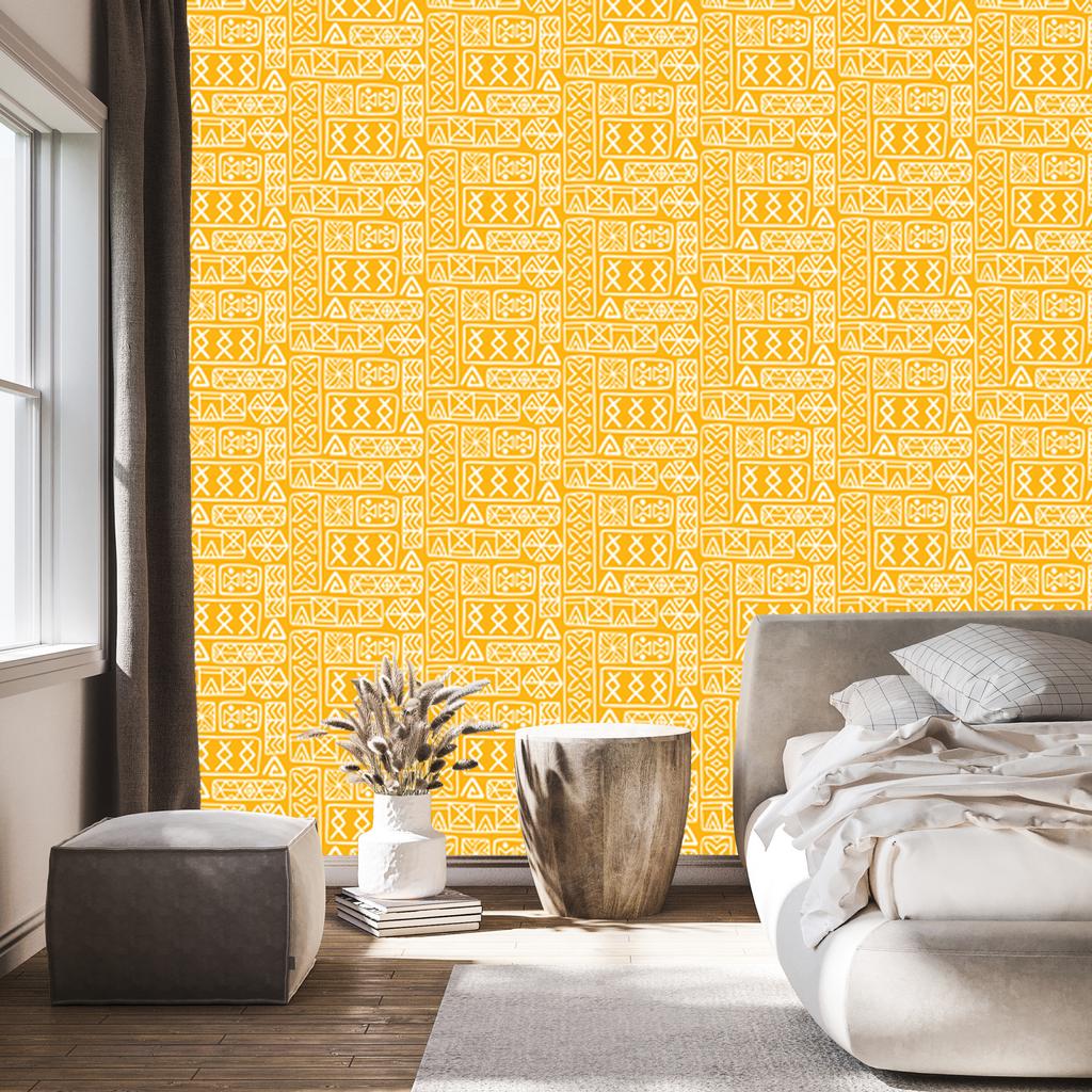 Polynesian Geometric Pattern Wallpaper Gold and Cream 50x1000