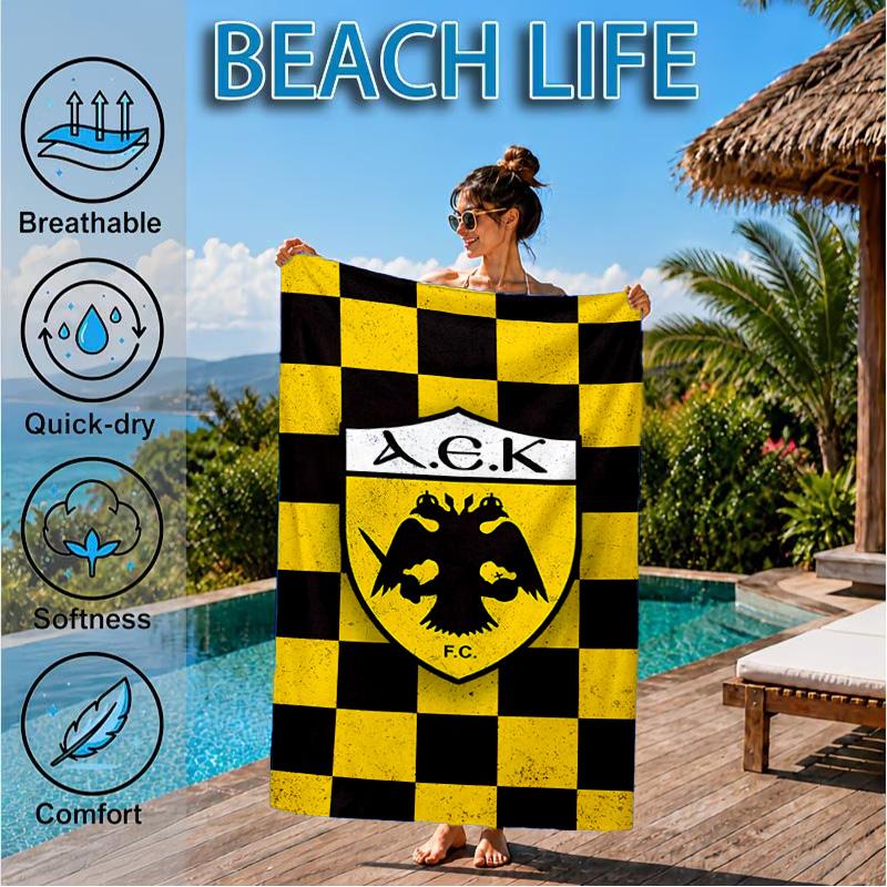 Пляжное полотенце AEK Athens с золотисто-черным гербом, Быстросохнущее, Легкое в уходе, Подходит как для фитнеса, так и для пляжного отдыха, Спортивный аксессуар