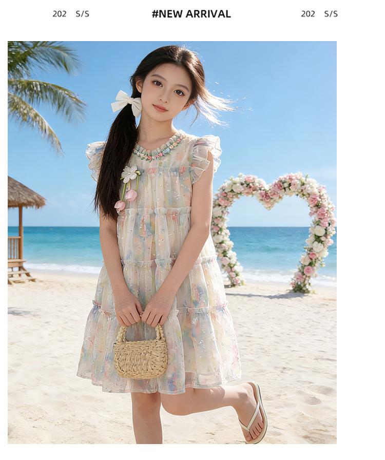 Girls' Summer Tank Top Skirt 2026 New Style Children's Sweet Little Girl Seaside Sprinkle Silver Flower Flying Sleeve Dress