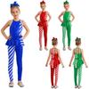 Girls Festive Christmas Jumpsuit Sleeveless Open Back High Waist Peplum Design Stripes Sequins Candy Cane Costume