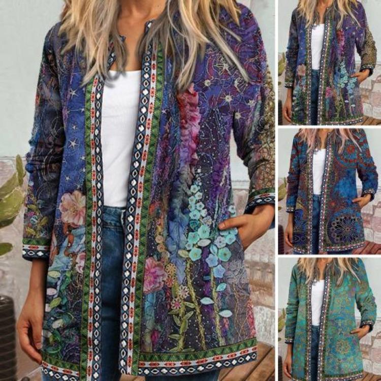 Винтажный кардиган с U-образным вырезом и цветочным принтом, женское пальто свободного кроя с открытой вязкой для осени, насыщенных цветов, с длинными рукавами и карманами, не выцветает, весна-осень
