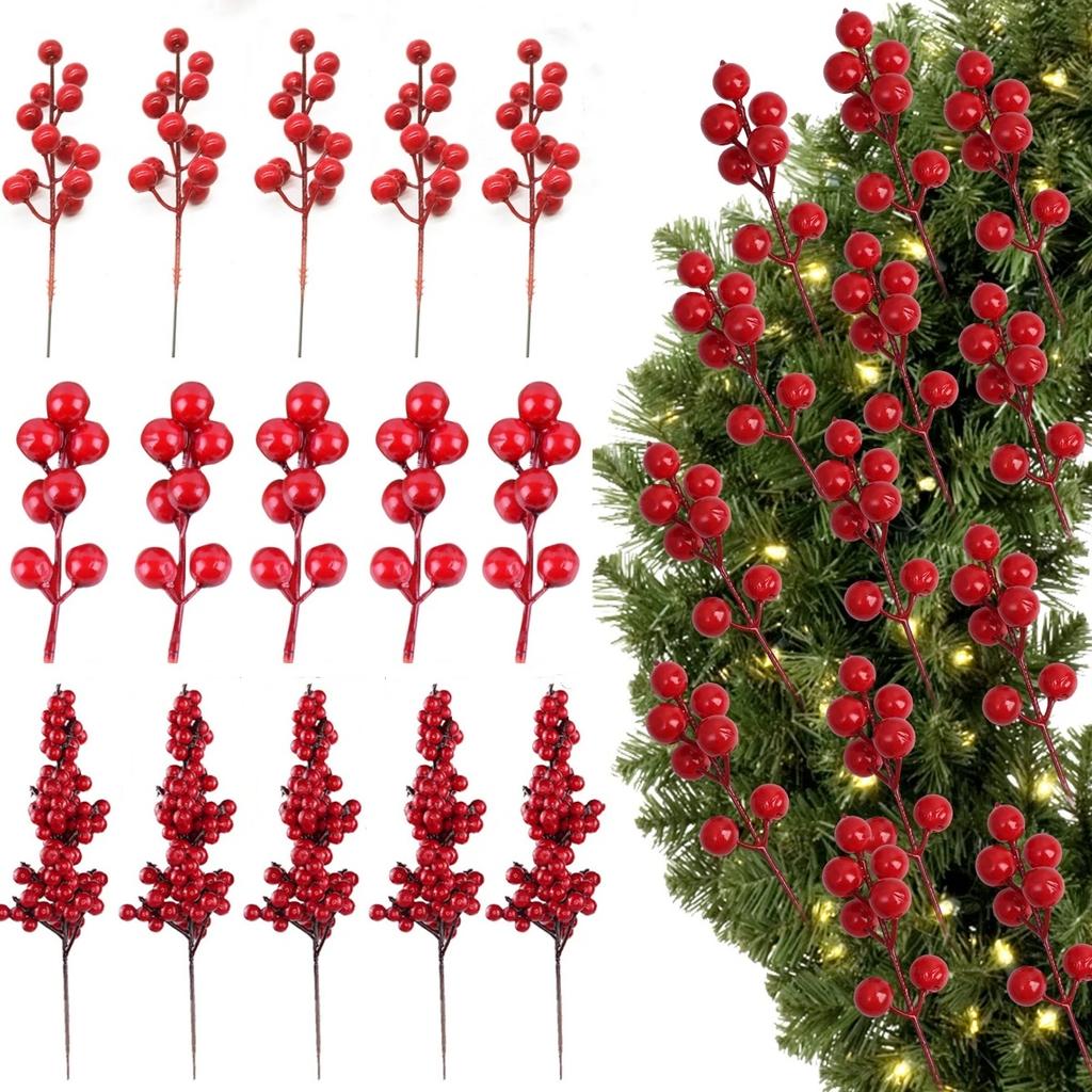 10pcs Christmas Artificial Berries Branches Decor Fake Flowers Plant for Xmas Tree DIY Holiday Wreath Craft Home Party Ornament