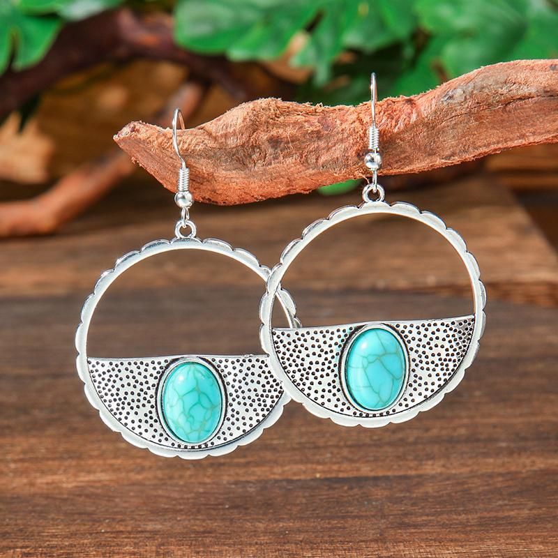 Vintage Tibetan Silver Geometric Turquoises Drop Dangle Earrings Woman Retro Ethnic Blue Beads Boho Jewelry Earrings Wholesale