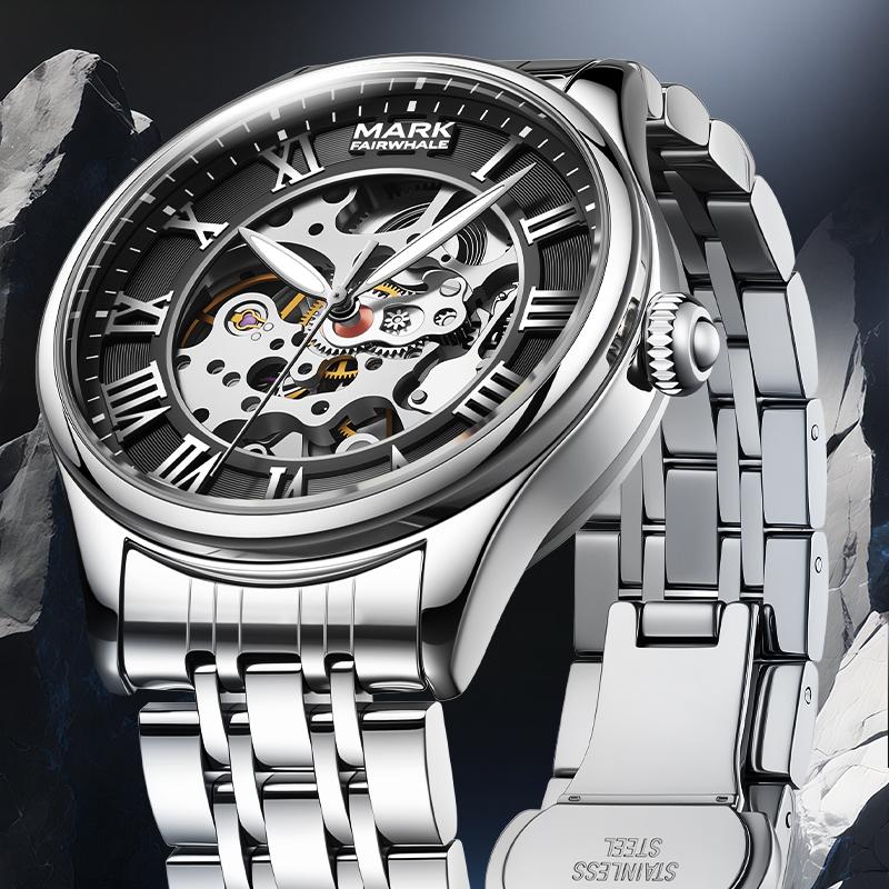 MARK FAIRWHALE Automatic Mechanical Watch for Men FW-6054 Roman Numeral Dial Metal Band Business Dress Male Watch