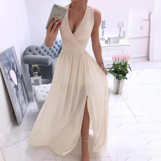 Женское вечернее платье с V-образным вырезом без рукавов, плиссированное подол с разрезом, тонкая талия, длина до пола, сплошной цвет, свадебное коктейльное платье для выпускного вечера, макси-платье