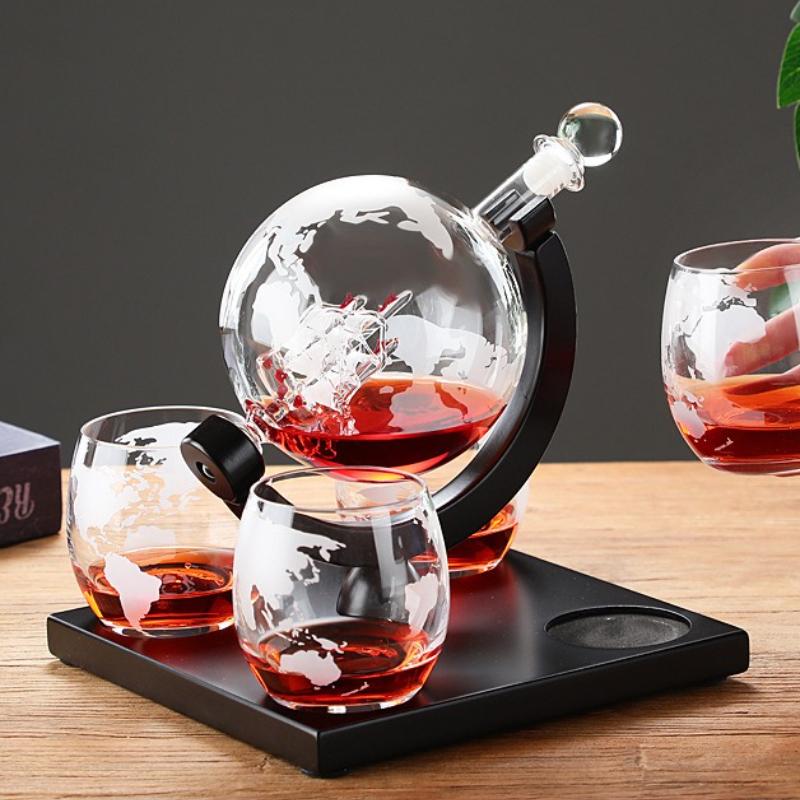 Creative Globe Decanter Set with Lead-free Carafe Exquisite Wood-stand and 2 Whisky Glasses Whiskey Decanter Globe Grade Gift