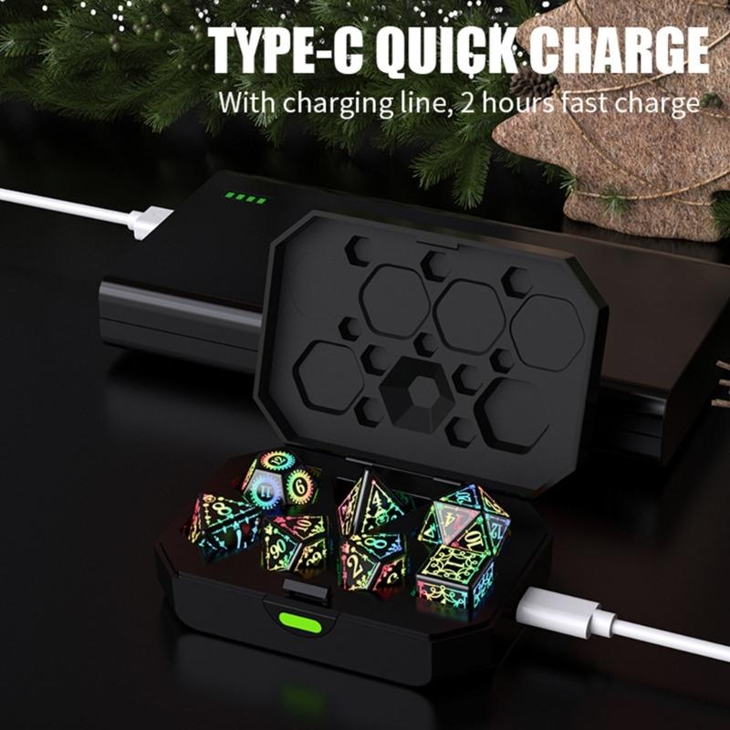 7 Pcs LED Light Electronic Dices with Charging Box Rechargable Glowing Polyhedral Dices Table Game Dices Durable