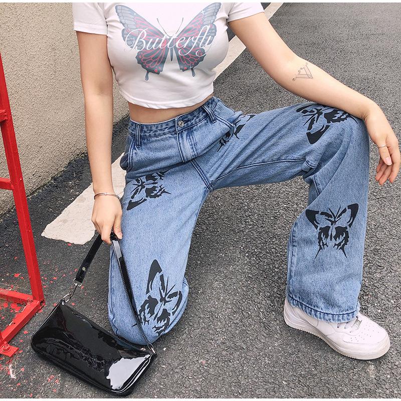 2025 Spring Autumn Trousers High Waist Butterfly Print Y2K Jeans for Women Fashion Loose Straight Leg Denim Pants Casual Clothing