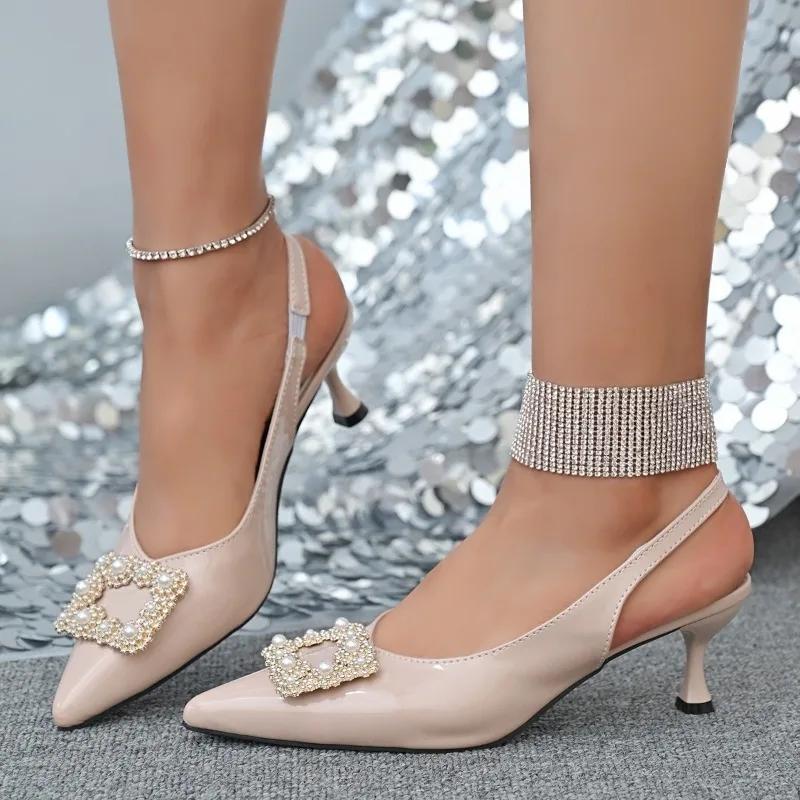 Модная женская обувь 2025 Слипоны Женские туфли на высоком каблуке Модные туфли с бусинами Офисные и карьерные Новые Большой размер Бестселлер Босоножки с закрытым носком