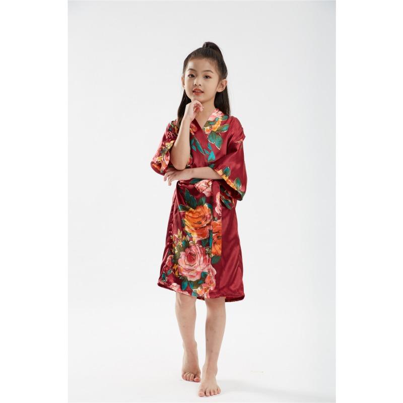 Children's Bathrobe Comfortable and Elegant Temperament Simulation Silk Sleeping Robe Sateen Children's Hand-painted Peony Baby Walking Robe