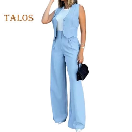 2 шт./компл. женский жилет и брюки, комплект в деловом стиле, однобортный топ без рукавов, с высокой талией, широкие брюки, однотонные брюки OL, коммутационная одежда