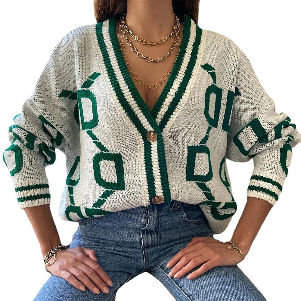 Women Autumn Winter Vintage Loose Long Sleeve Top Multicolor Cardigan Knitwear V-Neck Single Breasted Buckle Sweater Jacket