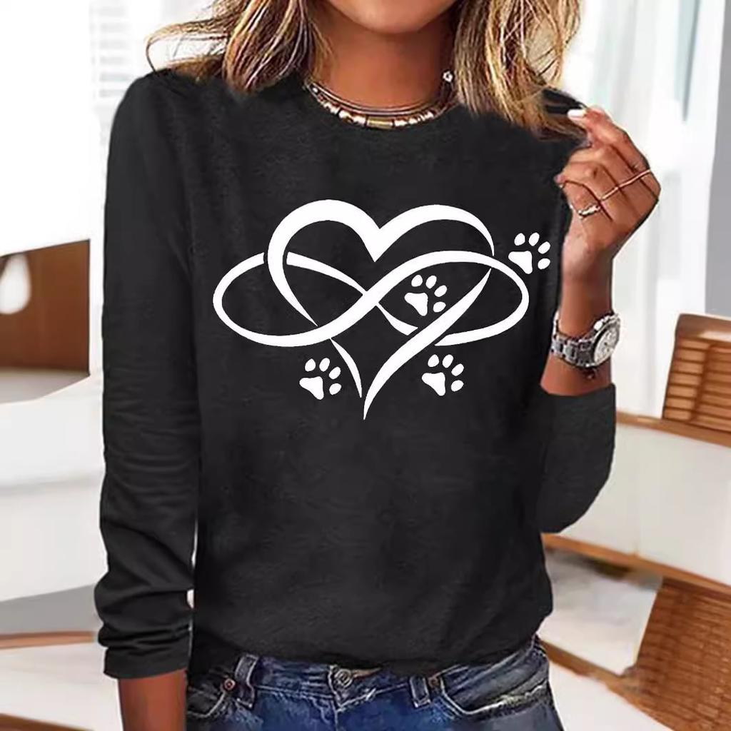 Round Neck 3D Printed Love Cat Footprint Pattern Top Fashionable Casual Long Sleeved Women's T-shirts