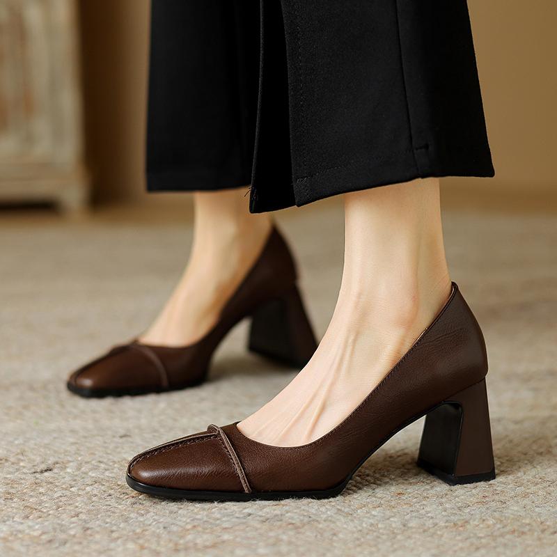 Мода 2024 Базовые женские туфли-лодочки Весна Лето Толстый высокий каблук Натуральная кожа Квадратный носок Зрелая офисная леди Рабочая обувь Женские туфли-лодочки