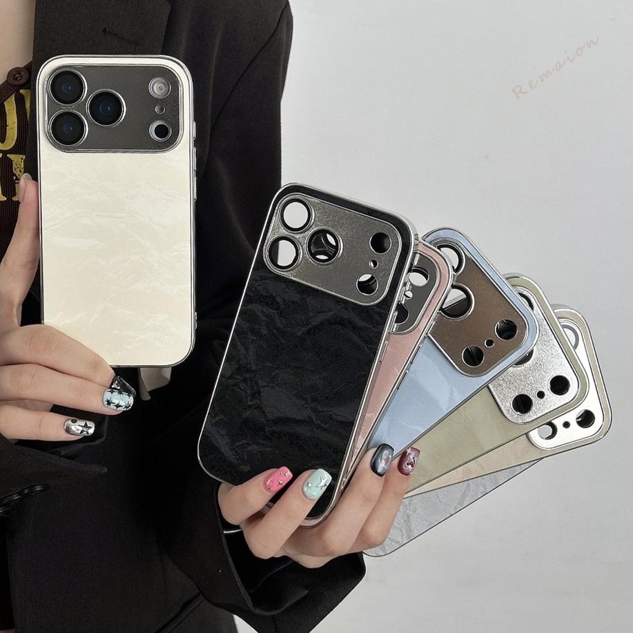 Чехол из plating-кожи для iPhone 17 Air 16 13 14 11 12 15 Pro Max Plus Чехол Защита объектива камеры Жесткая крышка