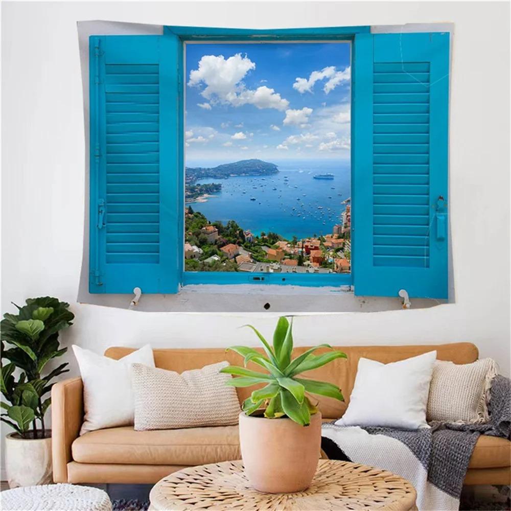 Fashion Home Decoration Tapestry Window Landscape Natural Ocean Pattern Bedroom Living Room Tapestry