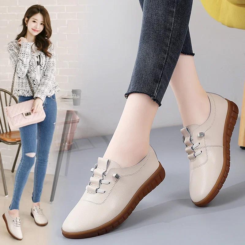Sneakers Women Casual Shoes Spring Autumn Flats Genuine Leather Moccasins Woman Slip-on Loafers Female Boat Shoes