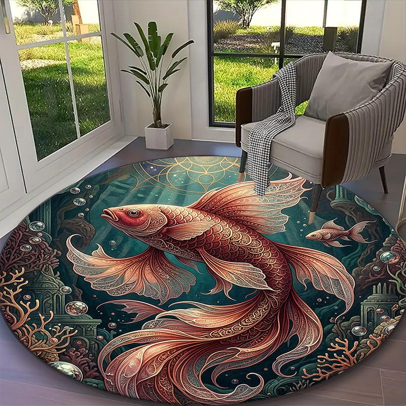 [Colorful Ocean Fish Printed Carpet] Non-slip Office Rug, Cozy Round Carprt for Living Room Use, Soft Home Sofa Chair Mat