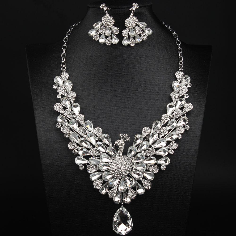 New 7-color Full Diamond Super Flash Peacock Necklace Earrings Set Femininity Banquet Dress with Accessories 2026