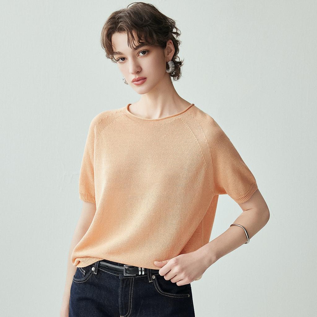 26 Summer Round Neck Lightweight Breathable Soft Sticky Casual Shoulder Short Sleeve Knitted Shirt with Mulberry Silk