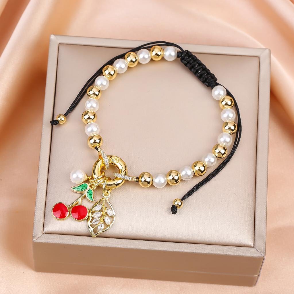 Adjustable Gold-Plated Copper Bead Pearl Chain Crystal Zircon Cherry Bracelet Charming for Women Daily Party Fruit Jewelry Gifts