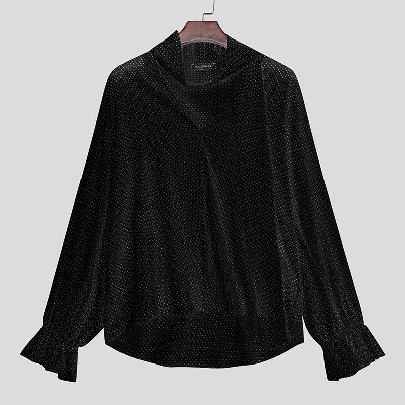 INCERUN Мужские блузки с длинным рукавом, полупрозрачные, в горошек, оверсайз, повседневные