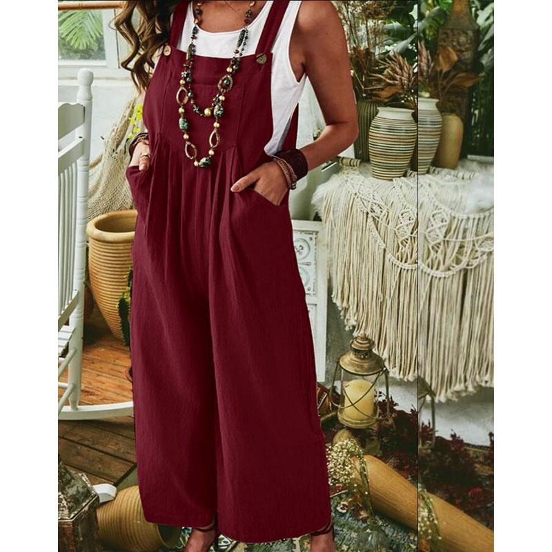 Summer Women's Jumpsuit Thickened Ramie Cotton Solid Color Sleeveless Casual Wide Leg Side Buckle Jumpsuit