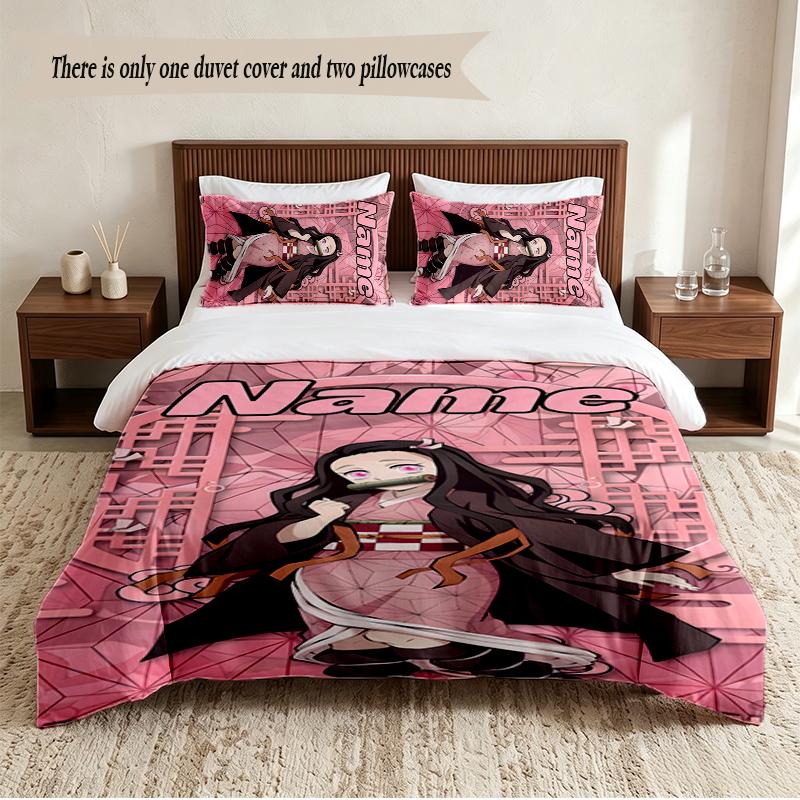 Nezuko Personalized Custom Name 3‑Piece Bedding Set Soft Duvet Cover Set For Bedroom Home Decor
