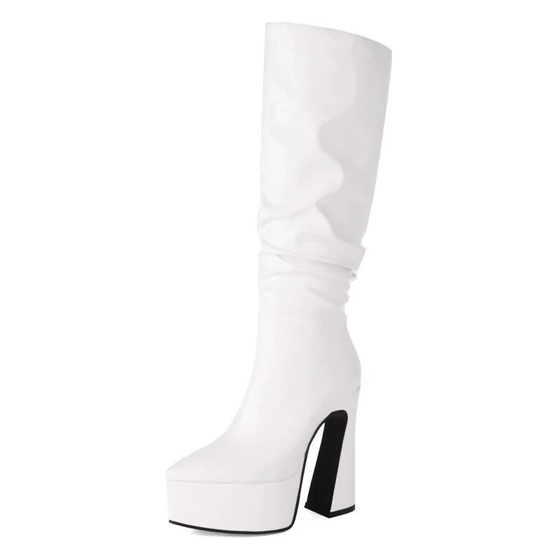 Gold Pleated Knee High Platform Boots Women Chunky Heels Sexy Silver White Croc Party Club Ladies Zipper Pointed Toe Long Boots