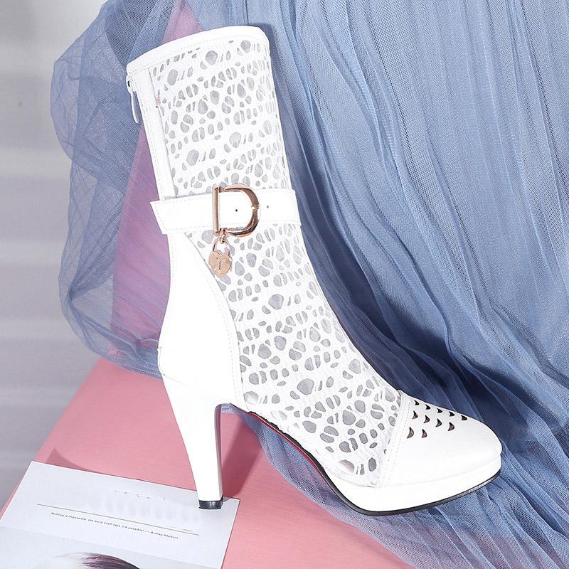 Q/женские короткие сапоги на высоком каблуке, сексуальная водонепроницаемая платформа, большие классные ботинки на тонком каблуке с полыми отверстиями