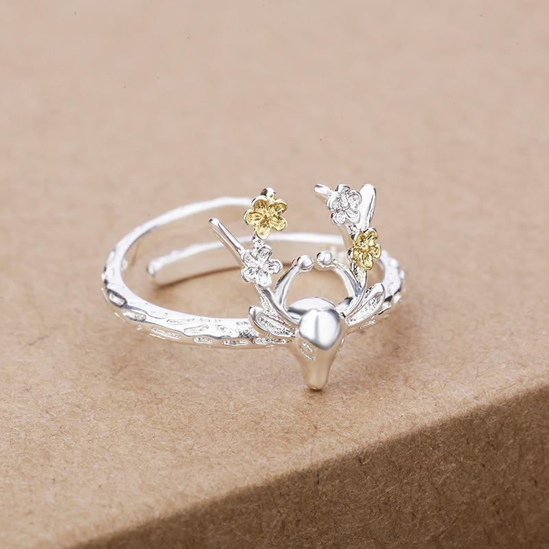 Mori-Style Creative Deer and Plum Blossom Midi Ring for Women - Christmas Gift Jewelry for Girlfriend