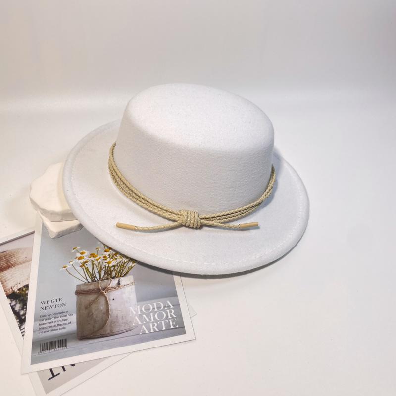New leather rope flat-top woolen top hat women's autumn and winter temperament elegant and fashionable versatile flat-brimmed felt hat men's stage